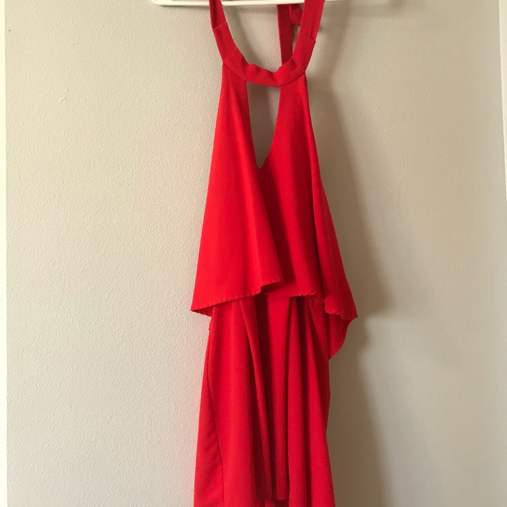 Red halter top, open back, romper